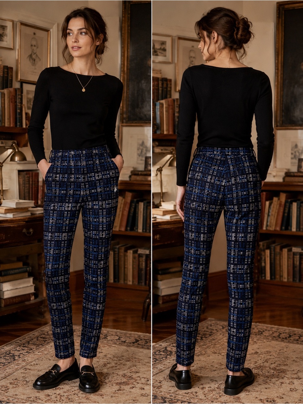 Laundry by Shelli Segal Blue Plaid Slim Trousers Academia Chic